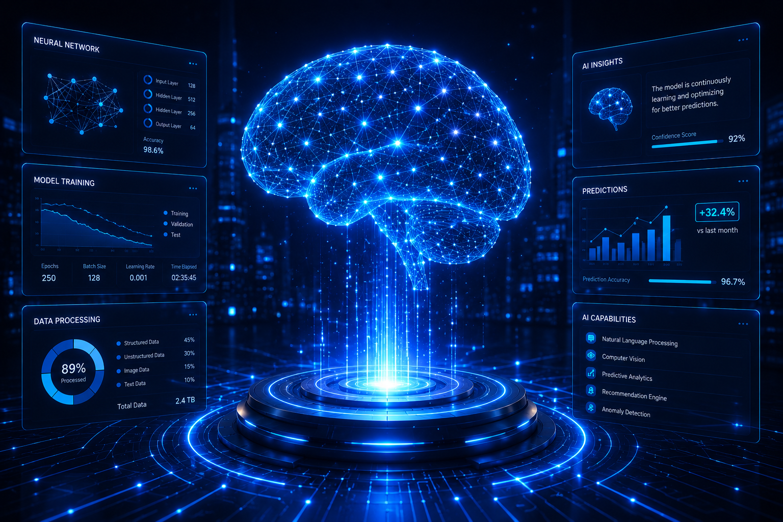 Réseau neuronal holographique entouré de tableaux d’analyse de données